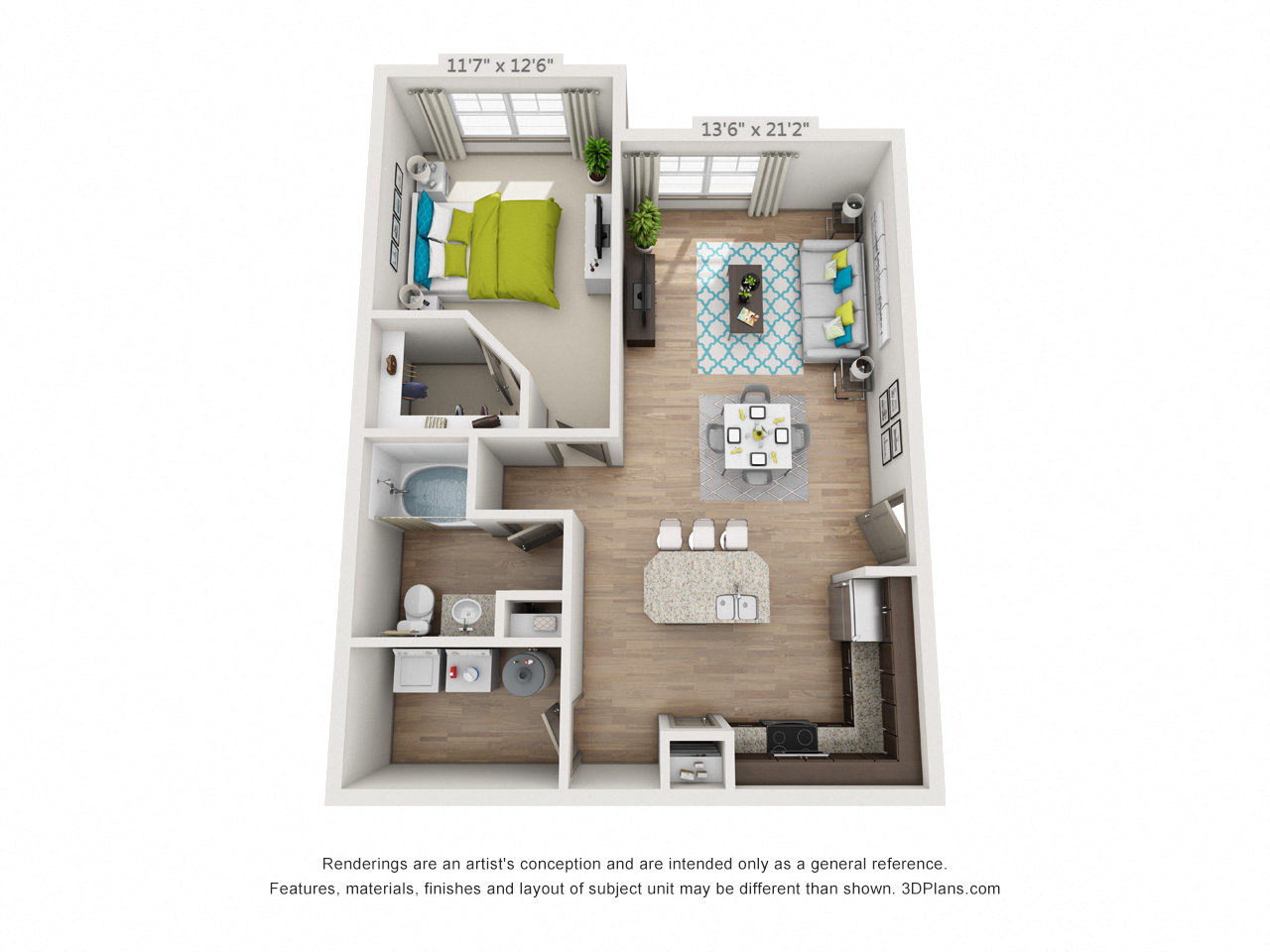One bedroom apartment floor plan rendering
